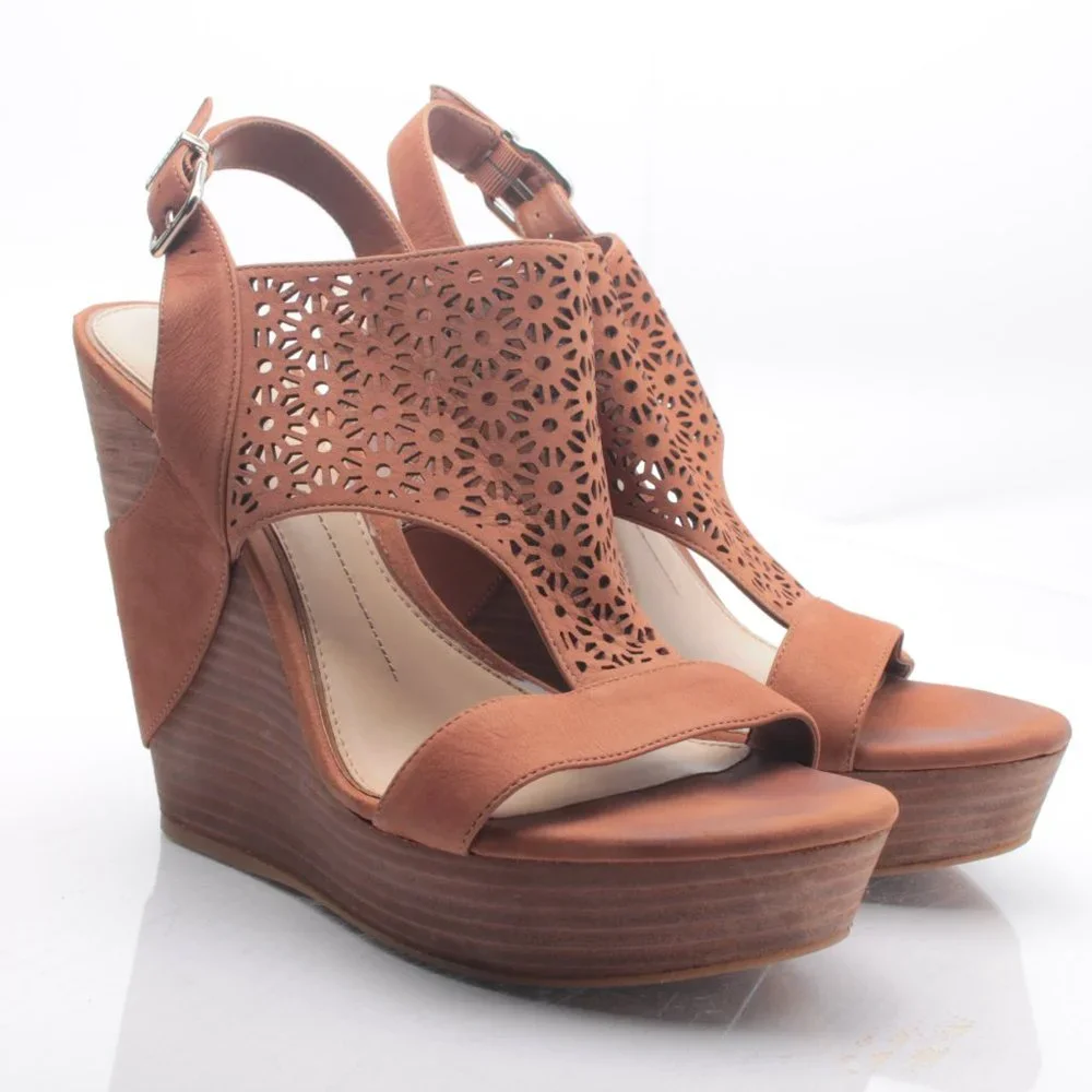 Gianni Bini Platform Wedge Leather Sandal Women10M Brown - Picture 10 of 16